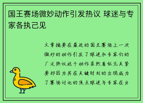 国王赛场微妙动作引发热议 球迷与专家各执己见 国王赛场微妙动作引发热议 球迷与专家各执己见