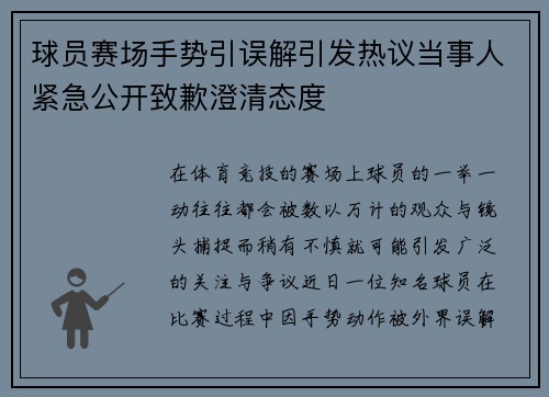 球员赛场手势引误解引发热议当事人紧急公开致歉澄清态度 球员赛场手势引误解引发热议当事人紧急公开致歉澄清态度