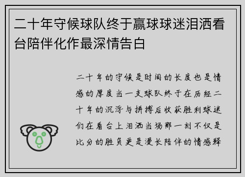 二十年守候球队终于赢球球迷泪洒看台陪伴化作最深情告白