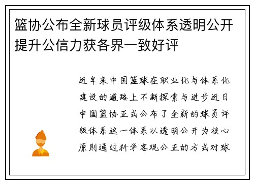 篮协公布全新球员评级体系透明公开提升公信力获各界一致好评